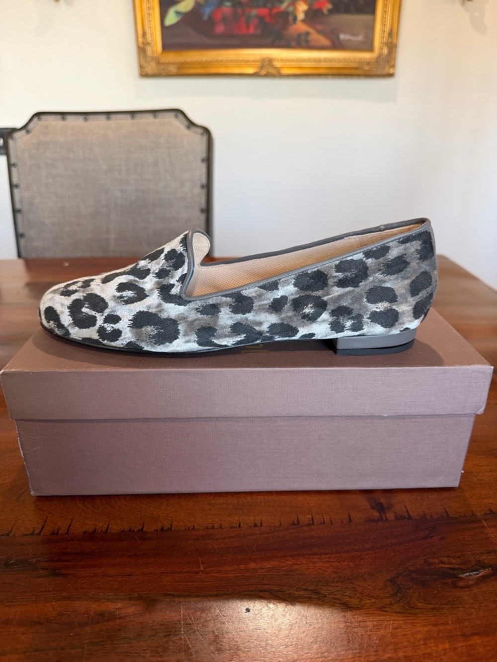Leopard Print Suede Loafer in Gray